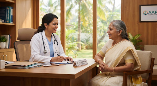 A doctor consulting attentively with a patient — Thrissur