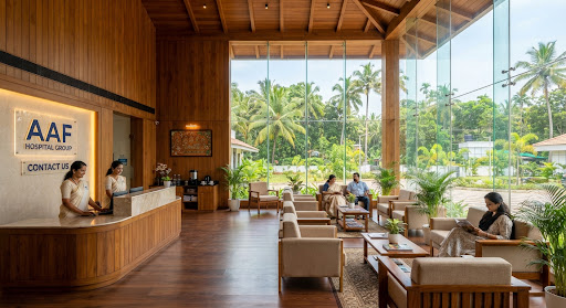 A warm hospital reception and patient lounge with wood panelling — Thrissur