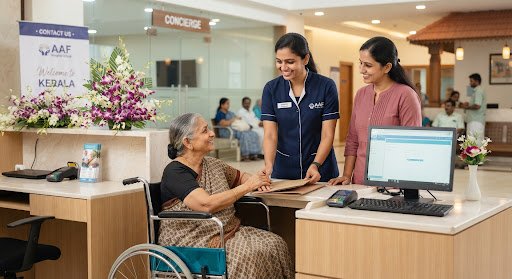 A receptionist warmly assisting a patient — Thrissur